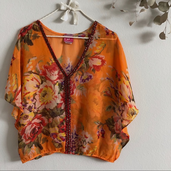 Free People Tops - Free People Orange Floral Sequin Top